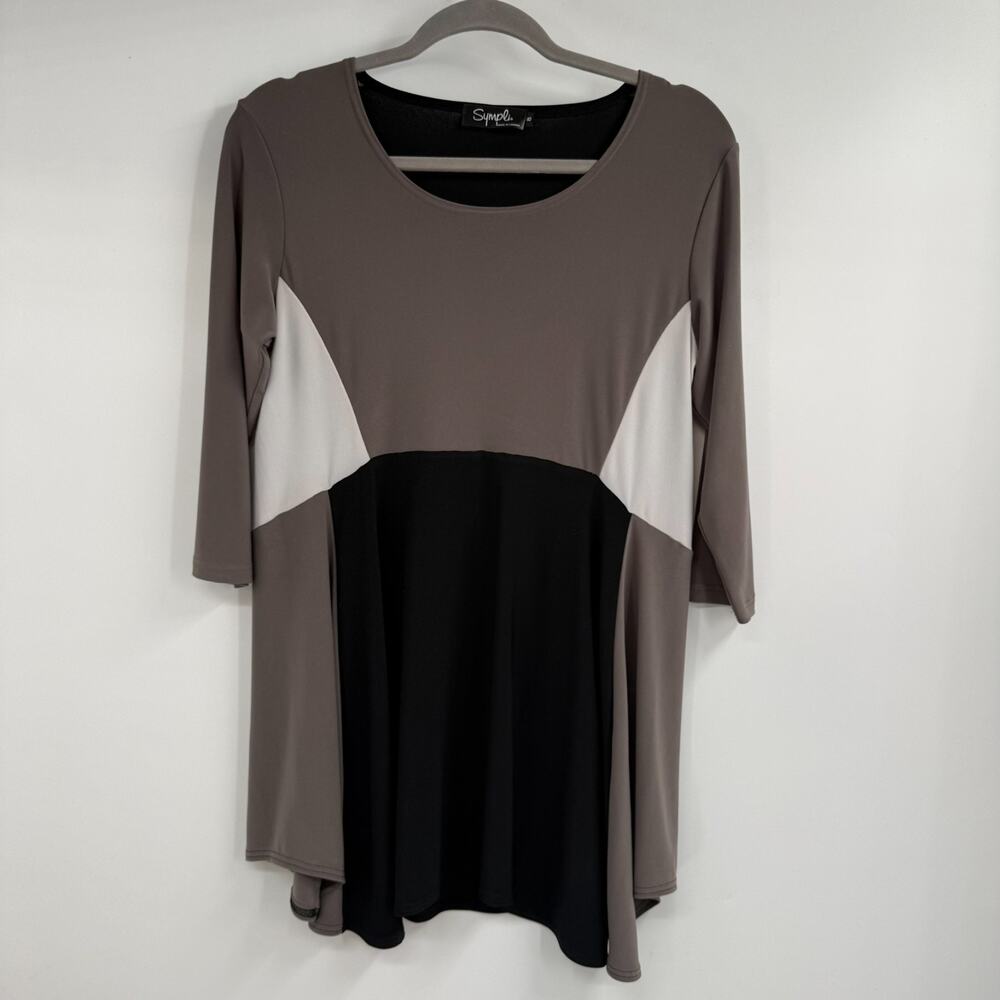 Sympli Colorblock Tunic Top Women 8 Taupe Black Asymmetrical 3/4 Sleeve Pullover